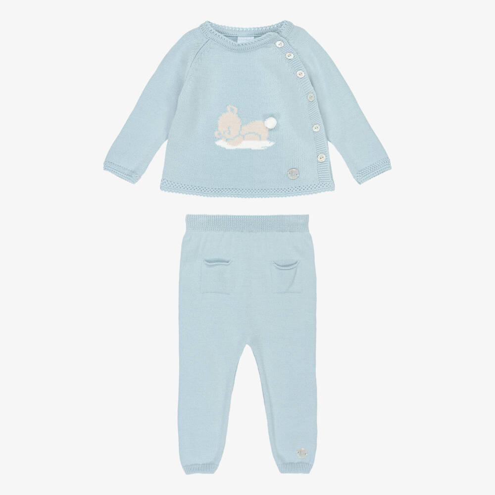 Artesanía Granlei-Blue Knitted Baby Trouser Set with Bear Motif | Childrensalon