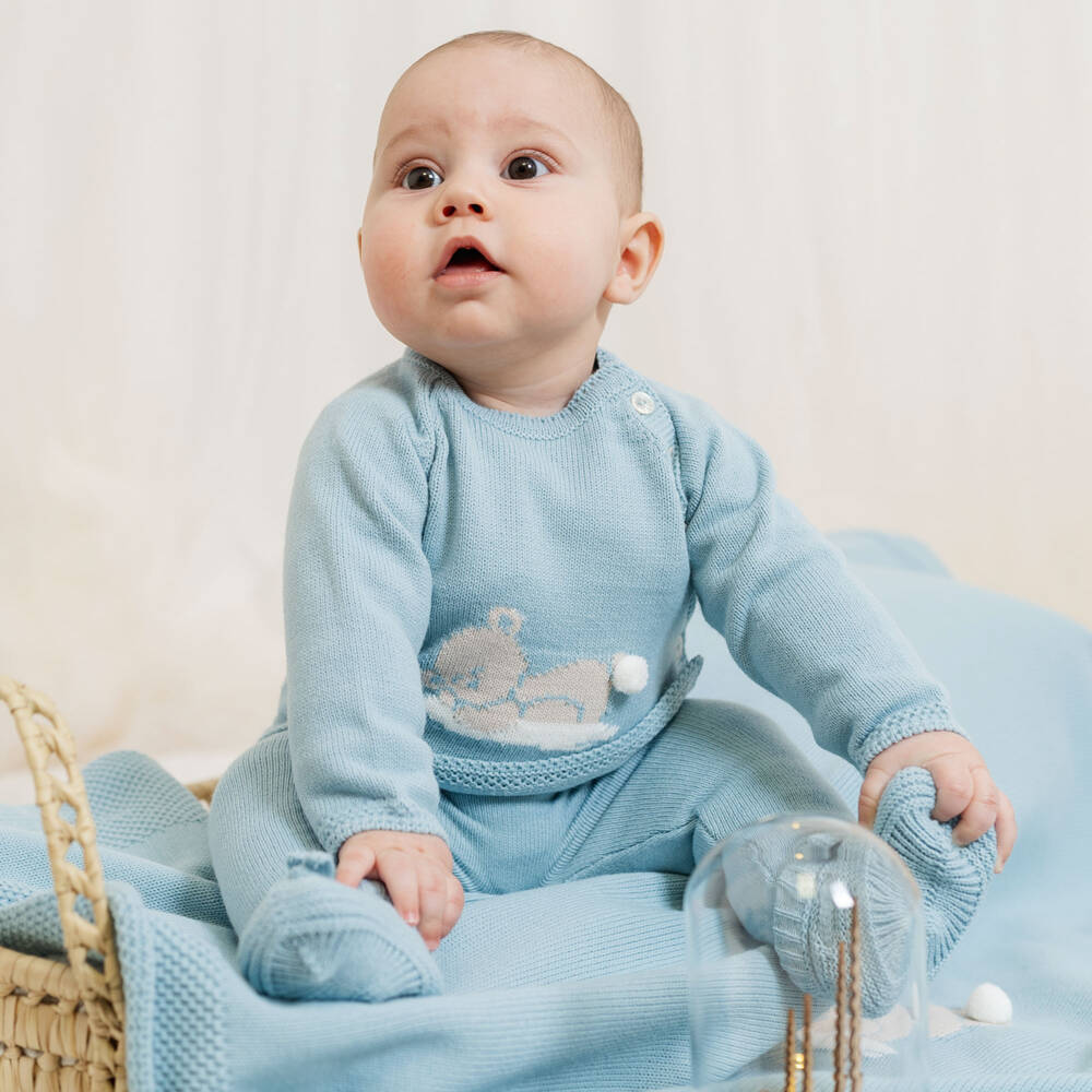 Artesanía Granlei-Blue Knitted Baby Trouser Set with Bear Motif | Childrensalon