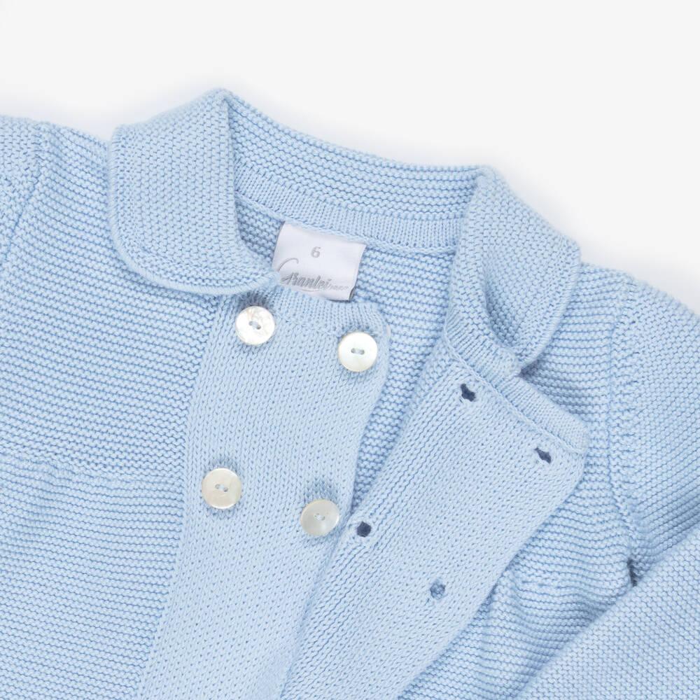 Artesanía Granlei-Blue Knitted Double Breasted Baby Cardigan | Childrensalon