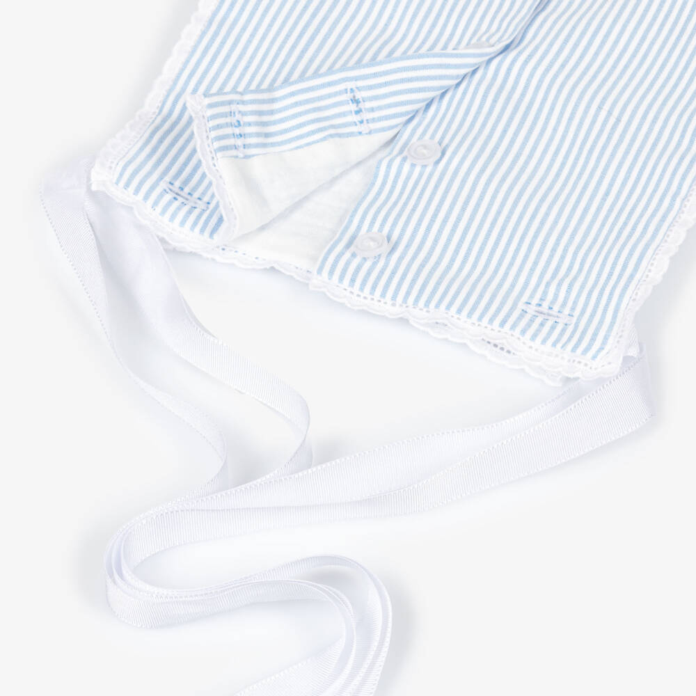 Artesanía Granlei-Blue Striped Cotton & White Knit Buster Suit | Childrensalon