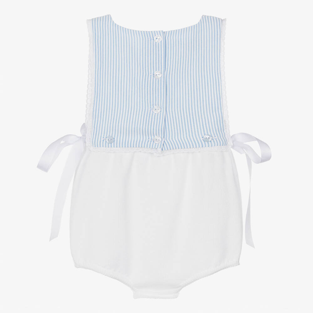 Artesanía Granlei-Blue Striped Cotton & White Knit Buster Suit | Childrensalon