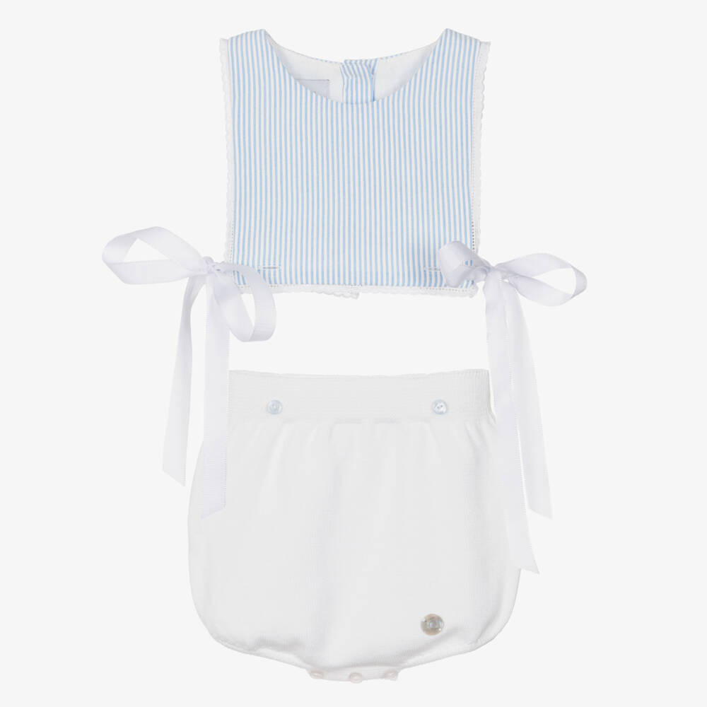 Artesanía Granlei-Blue Striped Cotton & White Knit Buster Suit | Childrensalon