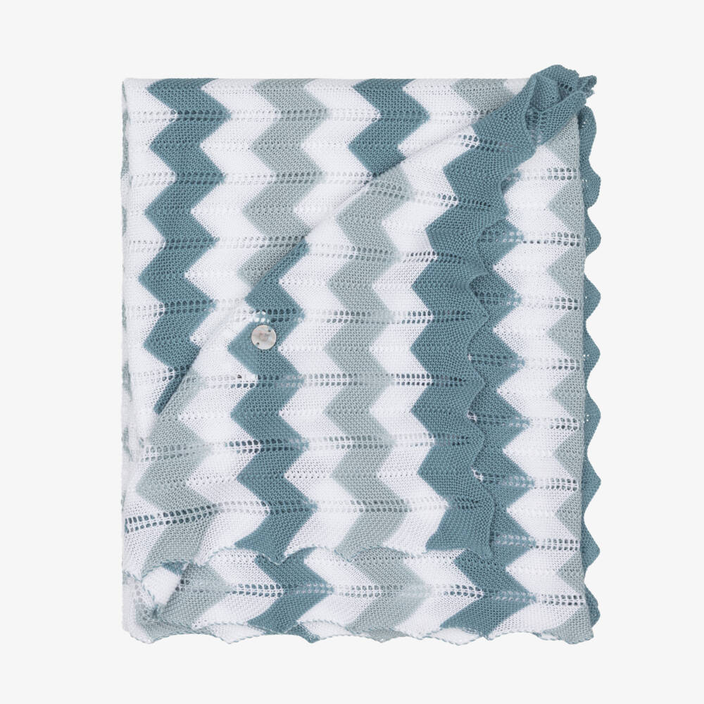 Artesanía Granlei-Blue & White Zigzag Knitted Shawl (132cm) | Childrensalon