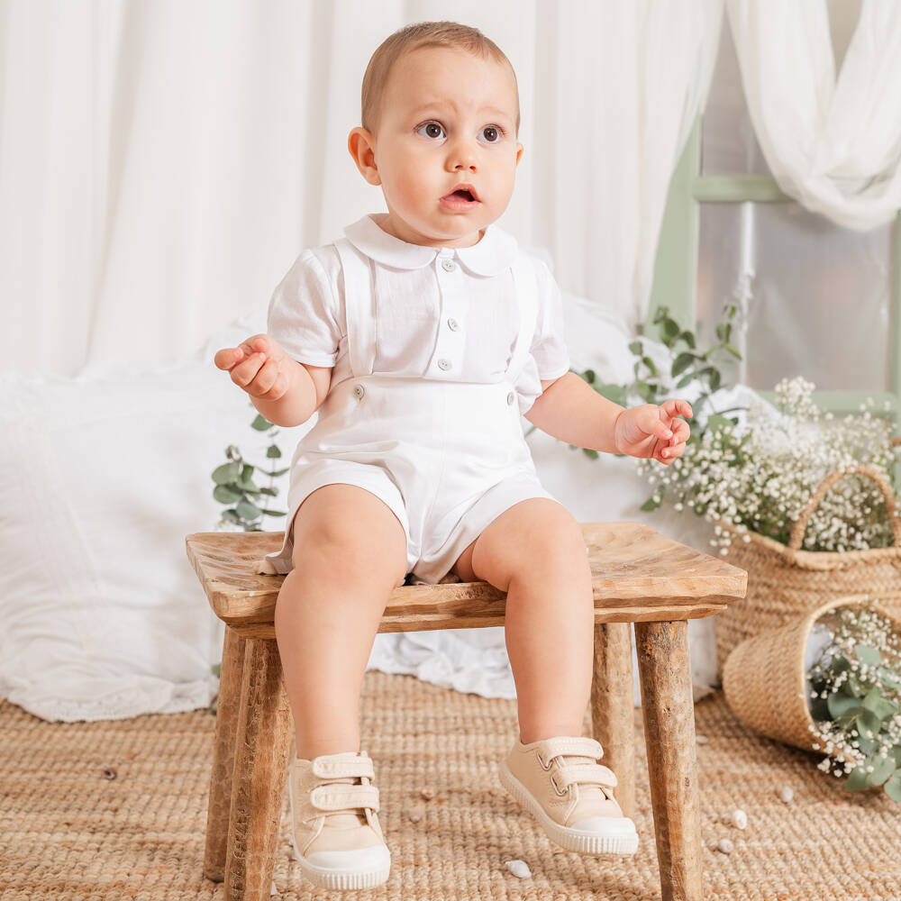 Artesanía Granlei-Boys All White Cotton Shirt & Shorts Set | Childrensalon