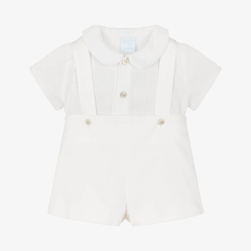 Artesanía Granlei-Boys All White Cotton Shirt & Shorts Set | Childrensalon