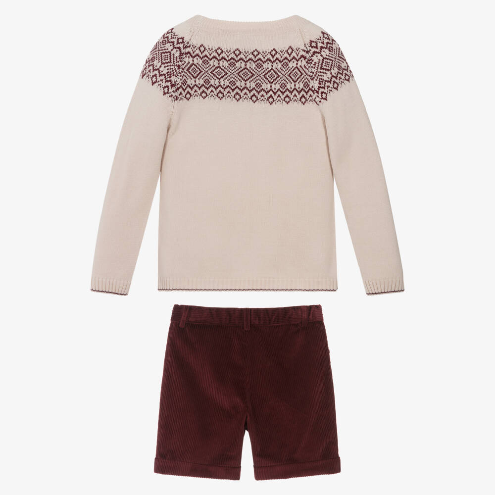 Artesanía Granlei-Boys Beige & Burgundy Red Fair Isle Shorts Set | Childrensalon