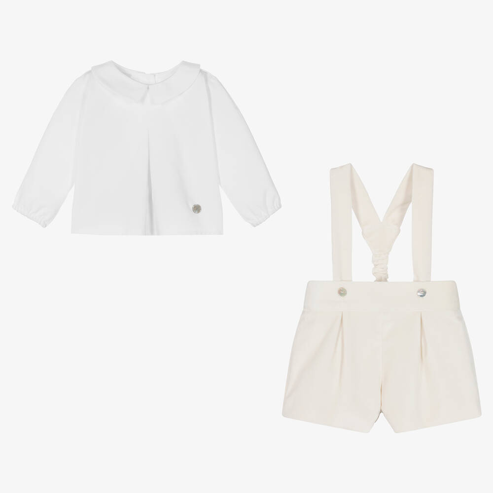 Artesanía Granlei-Boys Beige Cotton Velvet Shorts Set | Childrensalon