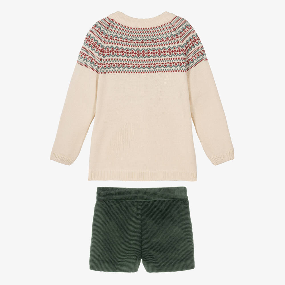 Artesanía Granlei-Boys Beige Fair Isle Knit & Green Corduroy Shorts Set | Childrensalon