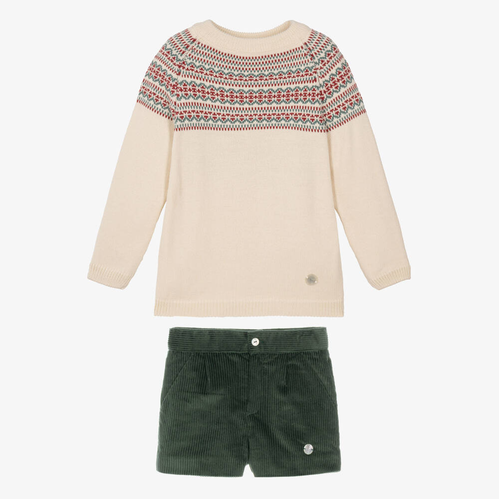 Artesanía Granlei-Boys Beige Fair Isle Knit & Green Corduroy Shorts Set | Childrensalon