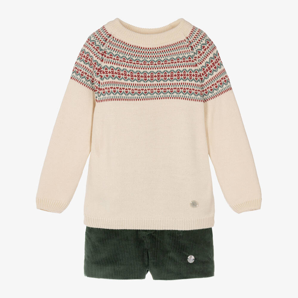Artesanía Granlei-Boys Beige Fair Isle Knit & Green Corduroy Shorts Set | Childrensalon