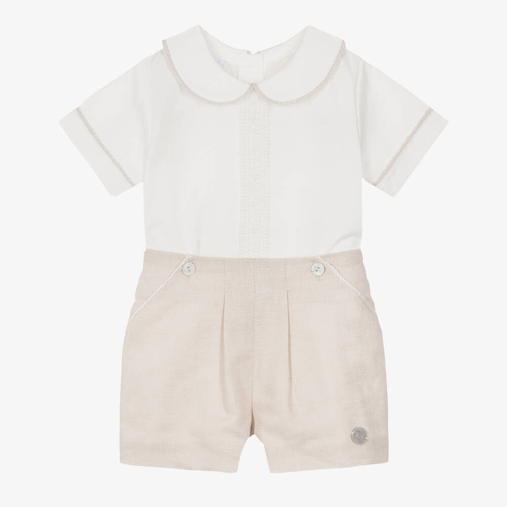 Artesanía Granlei-Boys Beige & Ivory Buster Suit with Lace Trim | Childrensalon