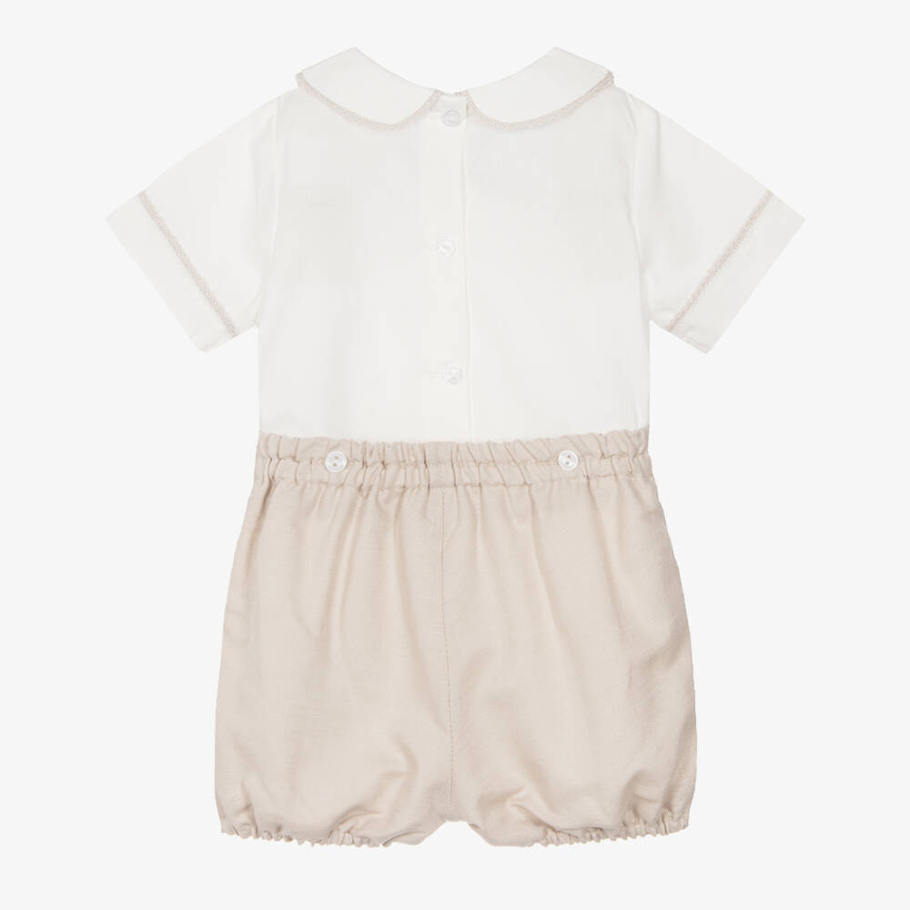 Artesanía Granlei-Boys Beige & Ivory Buster Suit with Lace Trim | Childrensalon