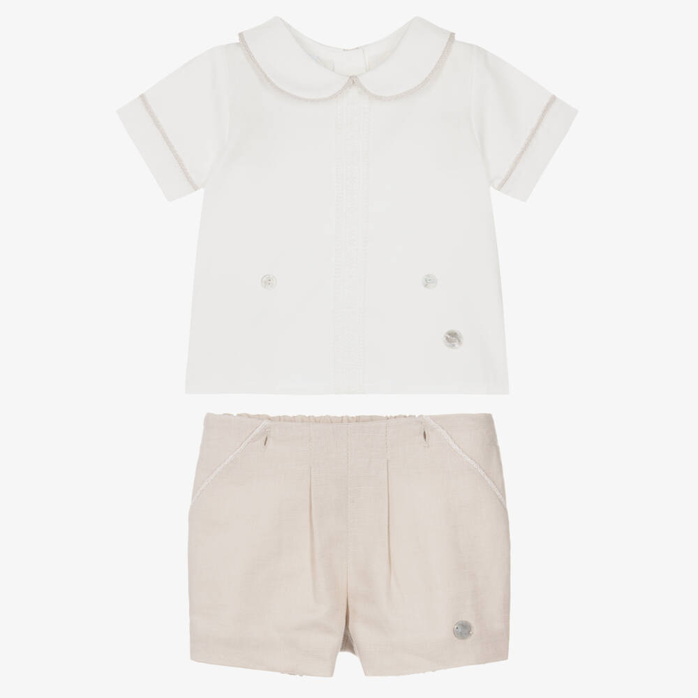 Artesanía Granlei-Boys Beige & Ivory Buster Suit with Lace Trim | Childrensalon
