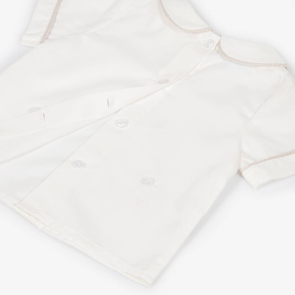 Artesanía Granlei-Boys Beige & Ivory Buster Suit with Lace Trim | Childrensalon