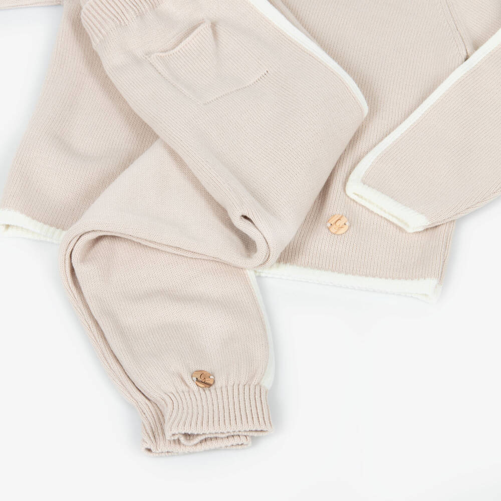 Artesanía Granlei-Boys Beige Knit Hooded Top & Trouser Set | Childrensalon