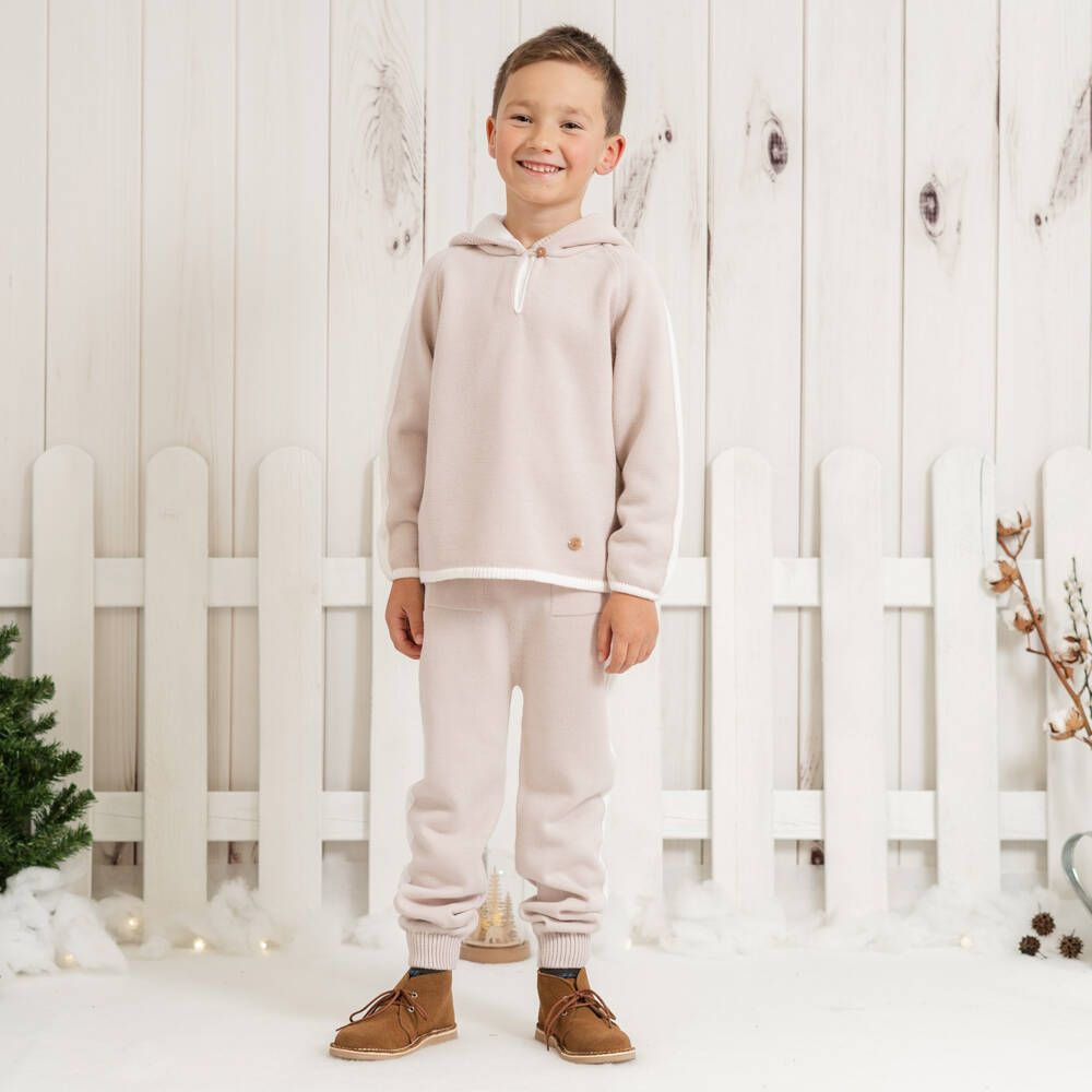 Artesanía Granlei-Boys Beige Knit Hooded Top & Trouser Set | Childrensalon