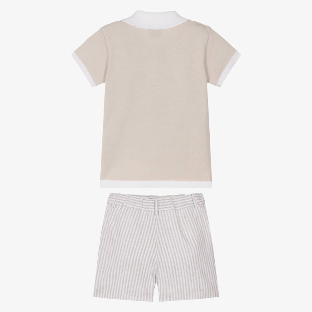 Artesanía Granlei-Boys Beige Knitted Top & Striped Shorts Set | Childrensalon