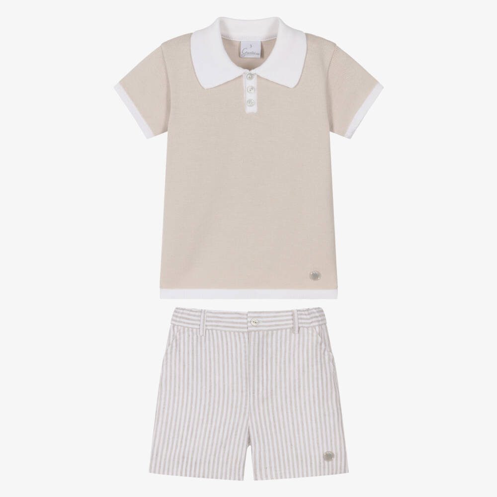 Artesanía Granlei-طقم شورت وتيشيرت بولو محبوك لون بيج للأولاد | Childrensalon