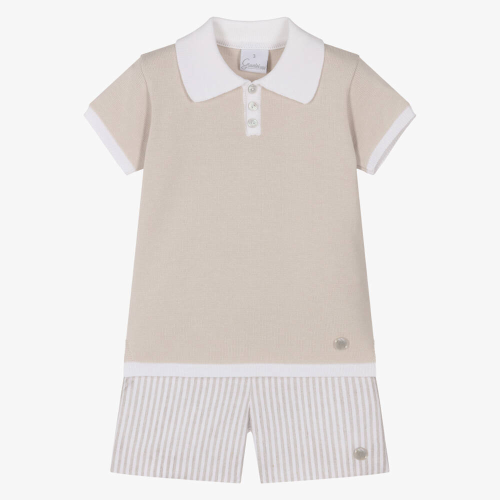 Artesanía Granlei-طقم شورت وتيشيرت بولو محبوك لون بيج للأولاد | Childrensalon