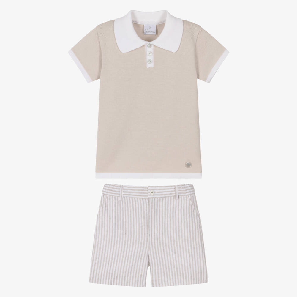 Artesanía Granlei-Boys Beige Knitted Top & Striped Shorts Set | Childrensalon