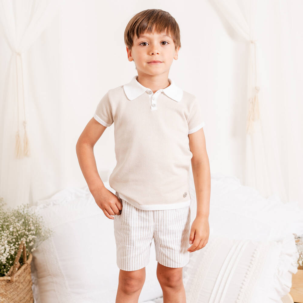 Artesanía Granlei-Boys Beige Knitted Top & Striped Shorts Set | Childrensalon
