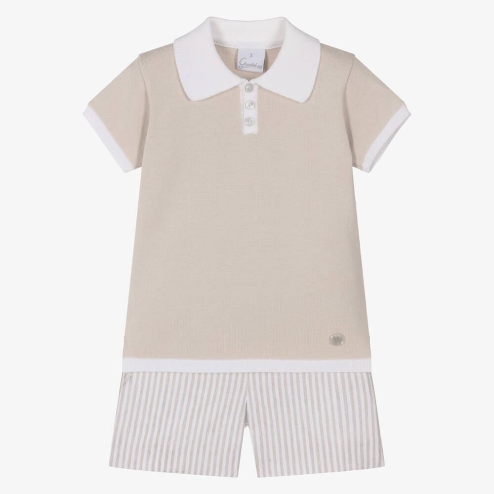 Artesanía Granlei-Boys Beige Knitted Top & Striped Shorts Set | Childrensalon