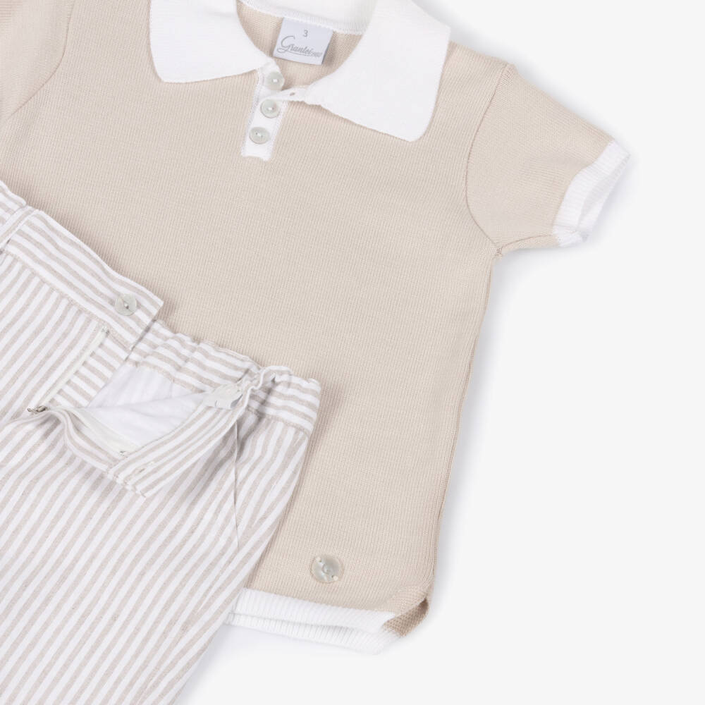 Artesanía Granlei-Boys Beige Knitted Top & Striped Shorts Set | Childrensalon