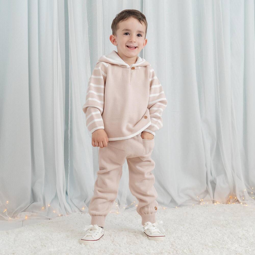 Artesanía Granlei-Boys Beige Knitted Tracksuit with White Stripes | Childrensalon