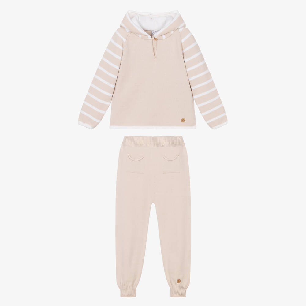 Artesanía Granlei-Boys Beige Knitted Tracksuit with White Stripes | Childrensalon