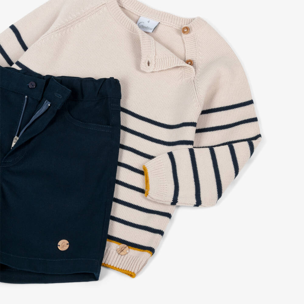 Artesanía Granlei-Boys Beige Striped Sweater & Navy Blue Shorts Set | Childrensalon