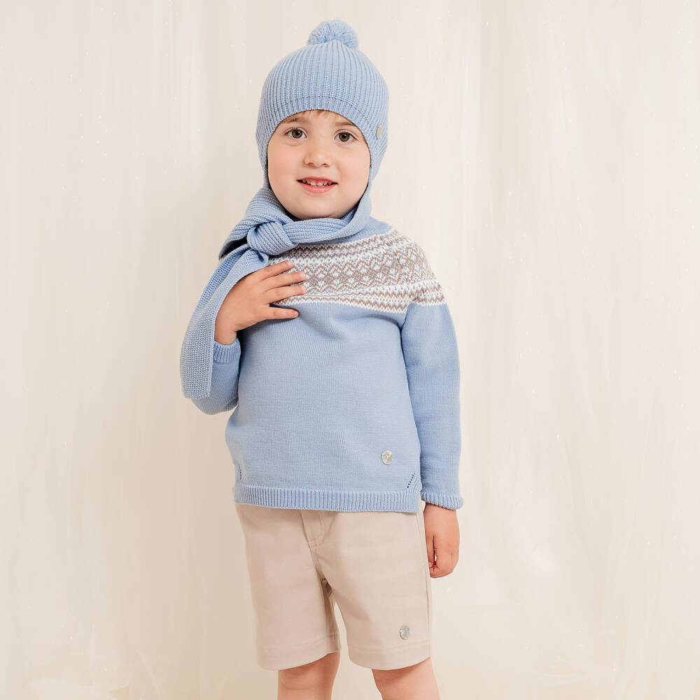Artesanía Granlei-Boys Blue & Beige Fair Isle Sweater & Shorts Set | Childrensalon