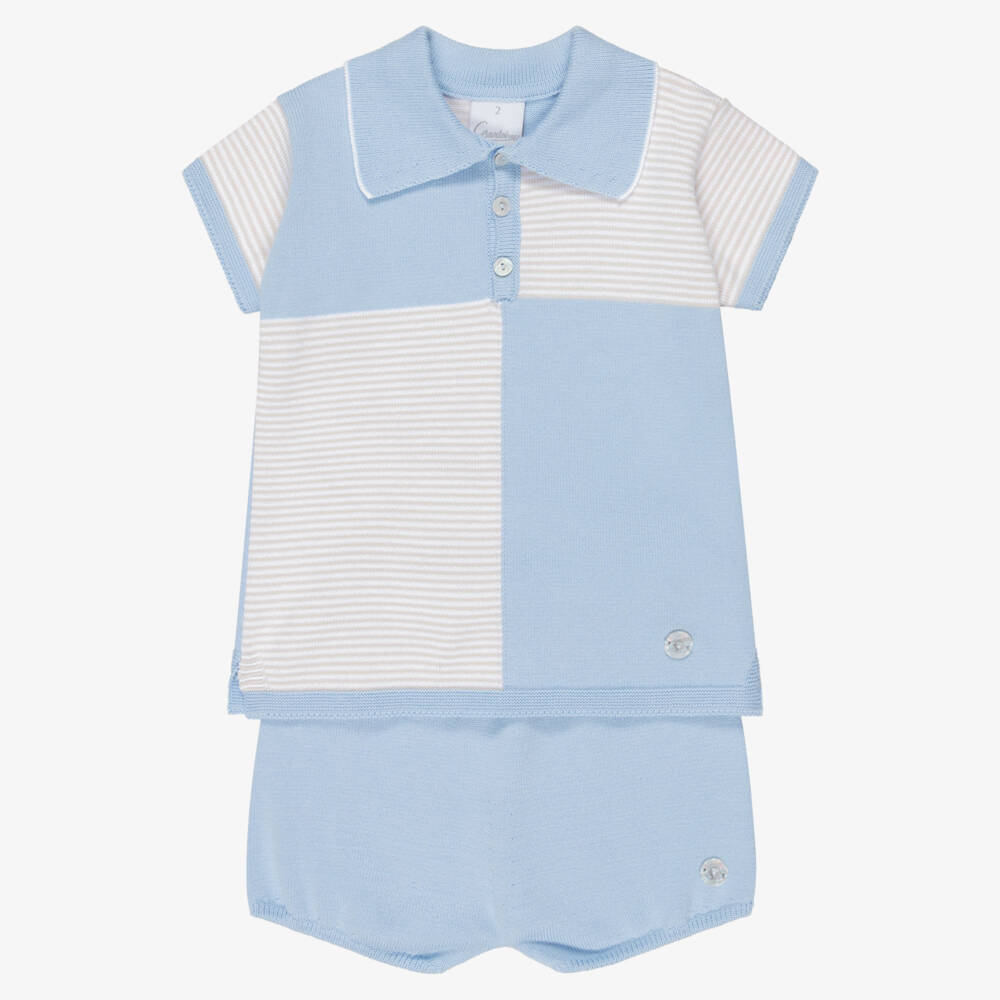 Artesanía Granlei-Boys Blue & Beige Knitted Polo Shirt & Shorts Set | Childrensalon