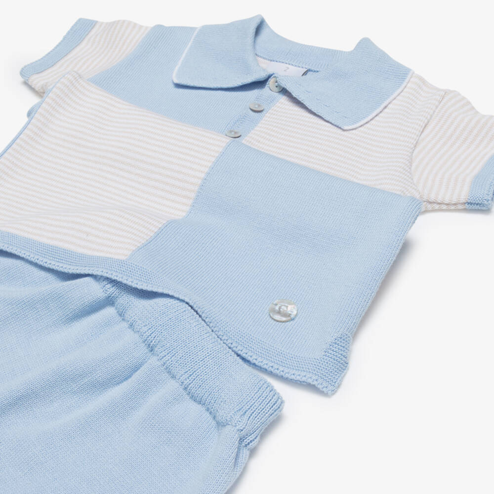 Artesanía Granlei-Boys Blue & Beige Knitted Polo Shirt & Shorts Set | Childrensalon
