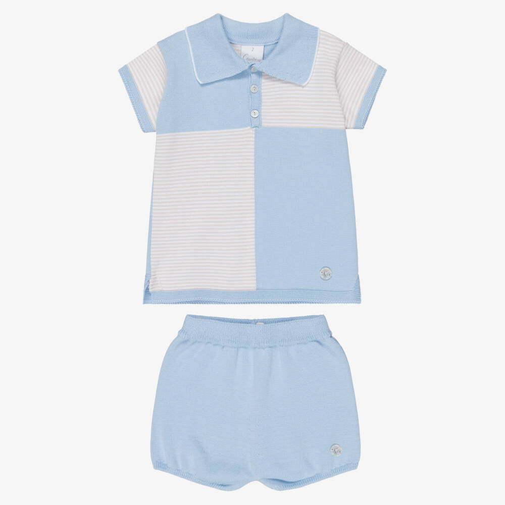 Artesanía Granlei-Boys Blue & Beige Knitted Polo Shirt & Shorts Set | Childrensalon