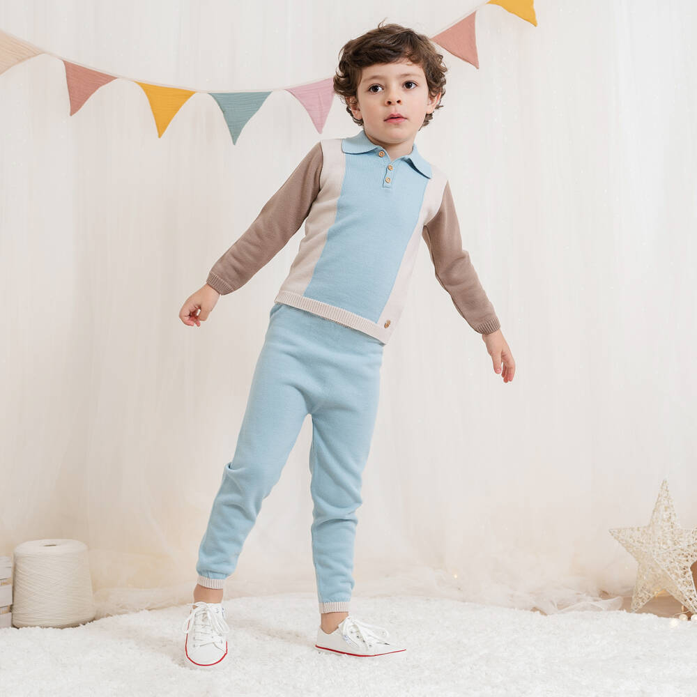 Artesanía Granlei-Boys Blue & Beige Knitted Sweater & Trouser Set | Childrensalon