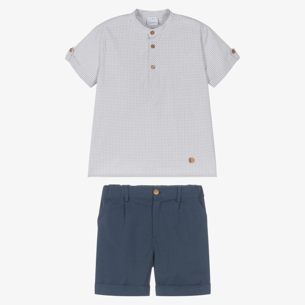 Artesanía Granlei-Boys Blue Checked Shirt & Twill Shorts Set | Childrensalon