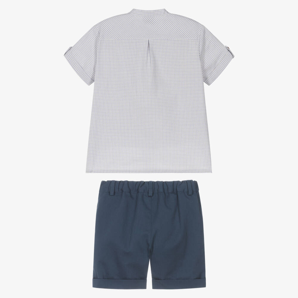 Artesanía Granlei-Boys Blue Checked Shirt & Twill Shorts Set | Childrensalon
