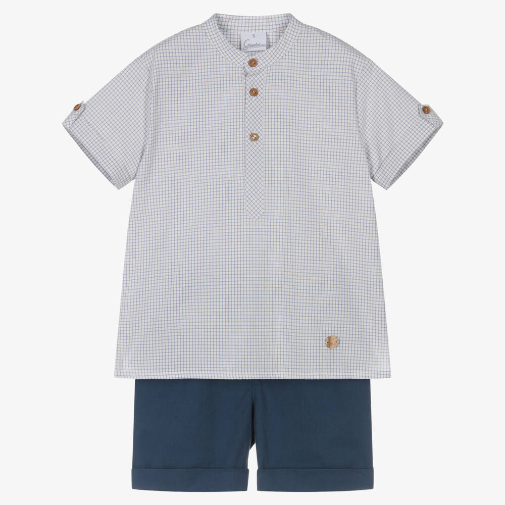 Artesanía Granlei-Boys Blue Checked Shirt & Twill Shorts Set | Childrensalon