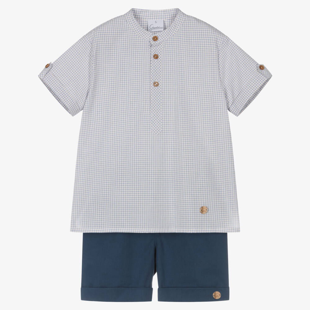 Artesanía Granlei-Boys Blue Checked Shirt & Twill Shorts Set | Childrensalon