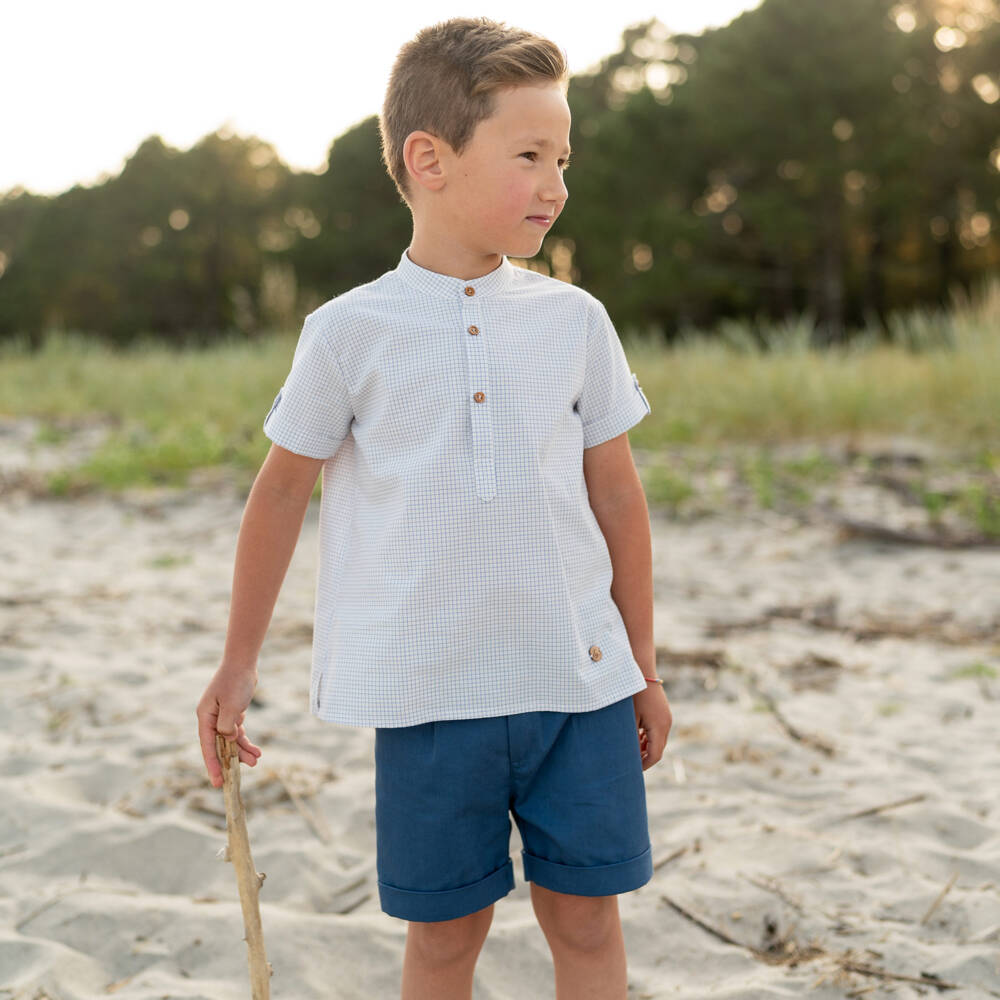 Artesanía Granlei-Boys Blue Checked Shirt & Twill Shorts Set | Childrensalon