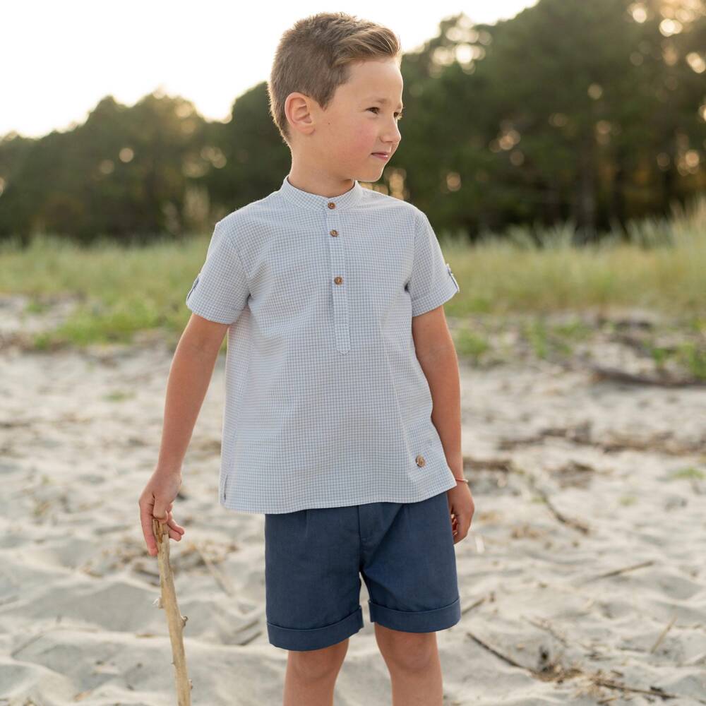 Artesanía Granlei-Boys Blue Checked Shirt & Twill Shorts Set | Childrensalon