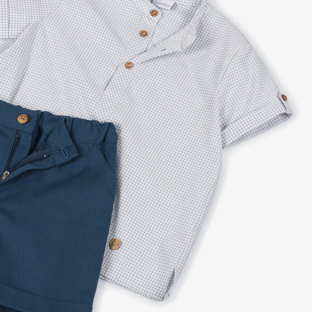 Artesanía Granlei-Boys Blue Checked Shirt & Twill Shorts Set | Childrensalon