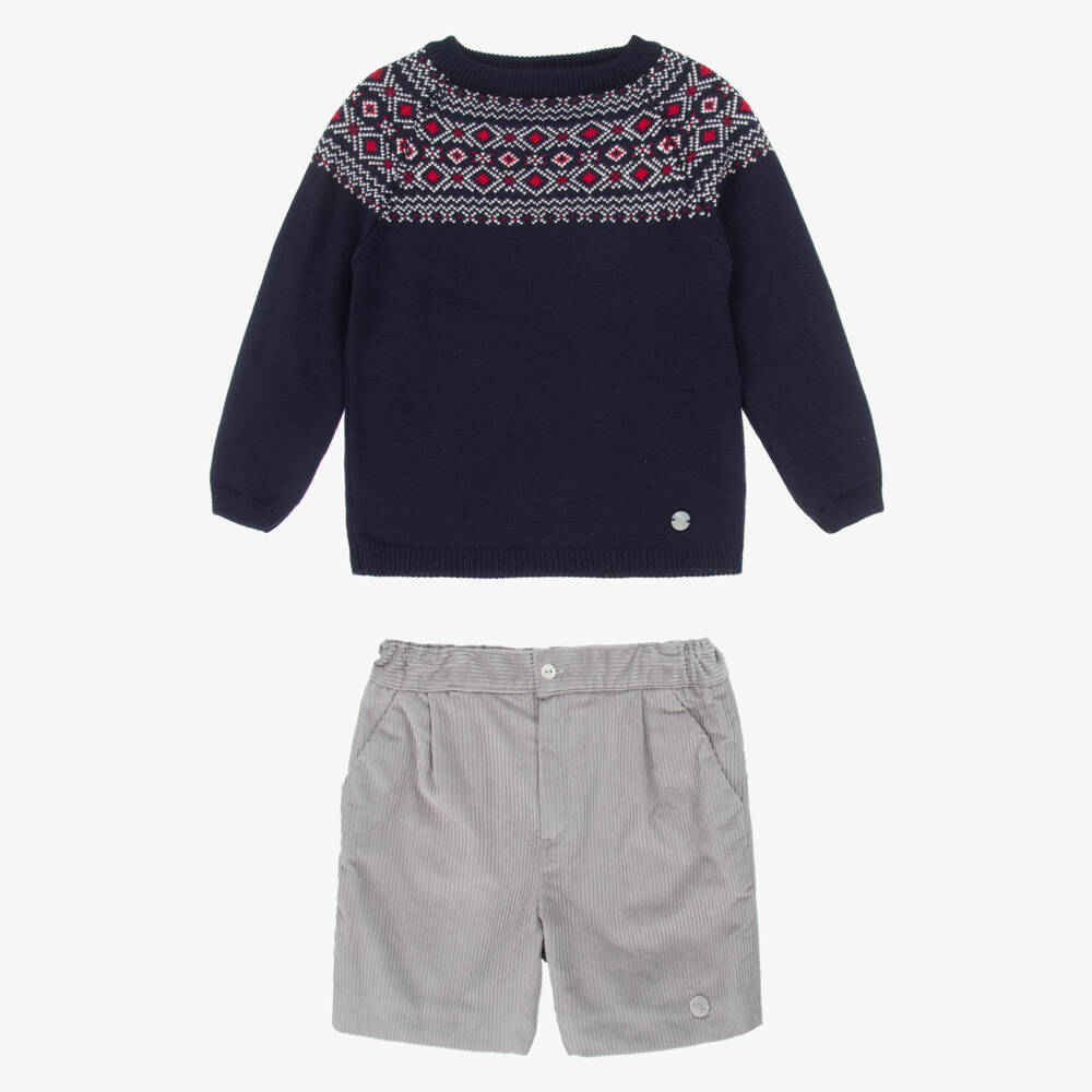 Artesanía Granlei-Boys Blue Fair Isle & Grey Corduroy Shorts Set | Childrensalon