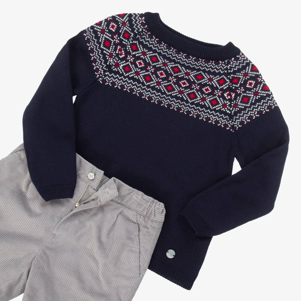 Artesanía Granlei-Boys Blue Fair Isle & Grey Corduroy Shorts Set | Childrensalon