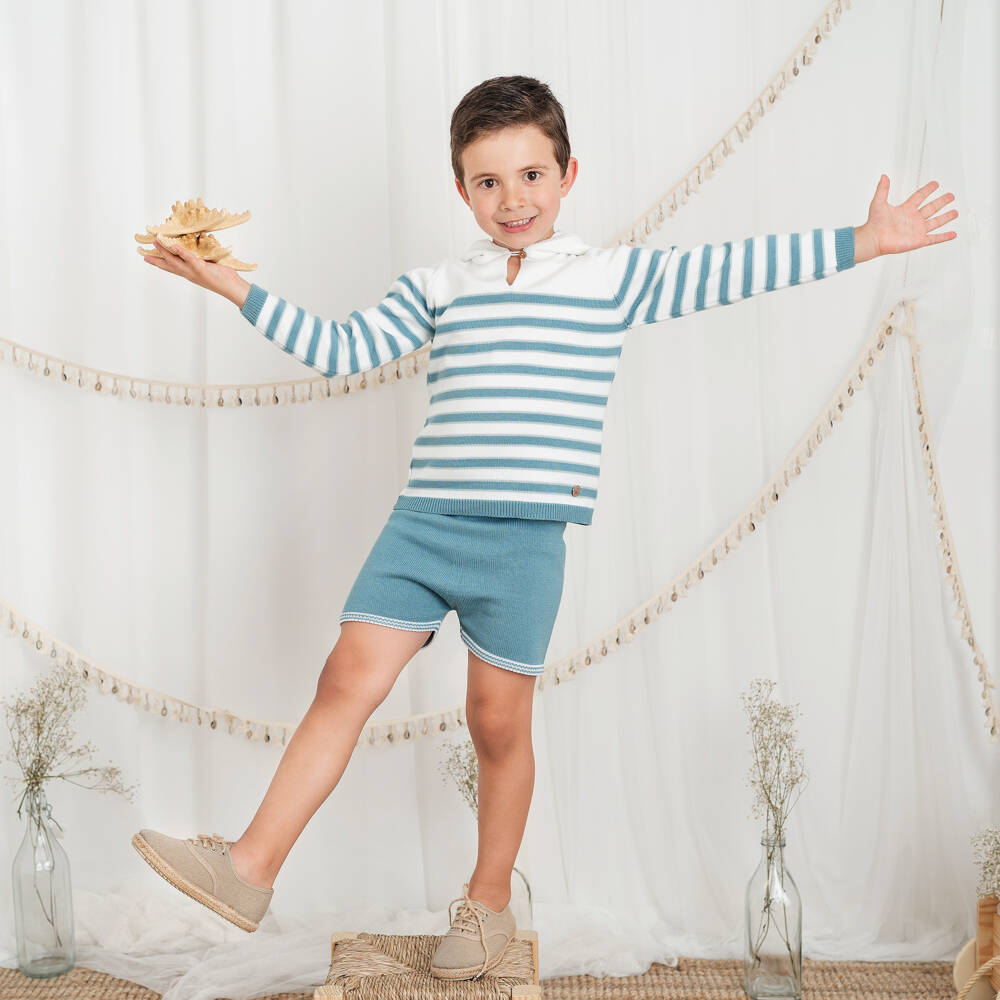 Artesanía Granlei-Boys Blue & Ivory Striped Knitted Shorts Set | Childrensalon