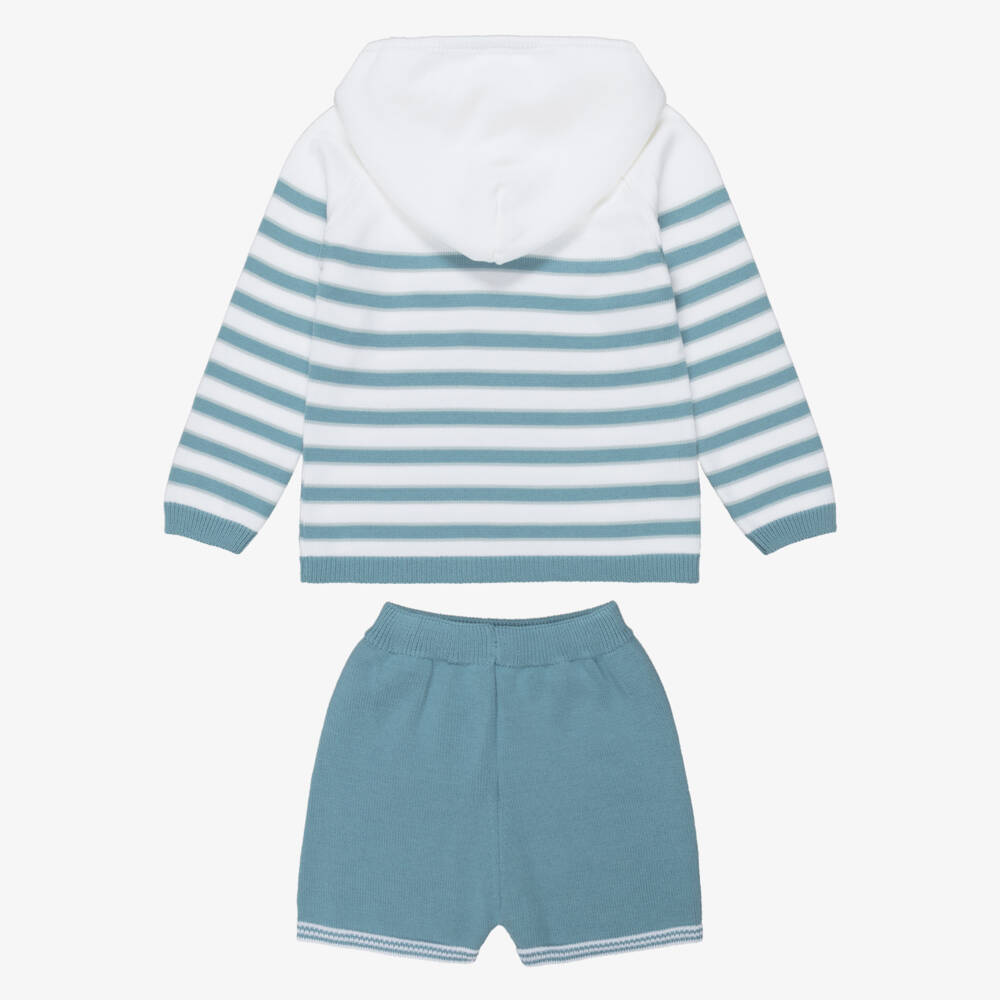 Artesanía Granlei-Boys Blue & Ivory Striped Knitted Shorts Set | Childrensalon