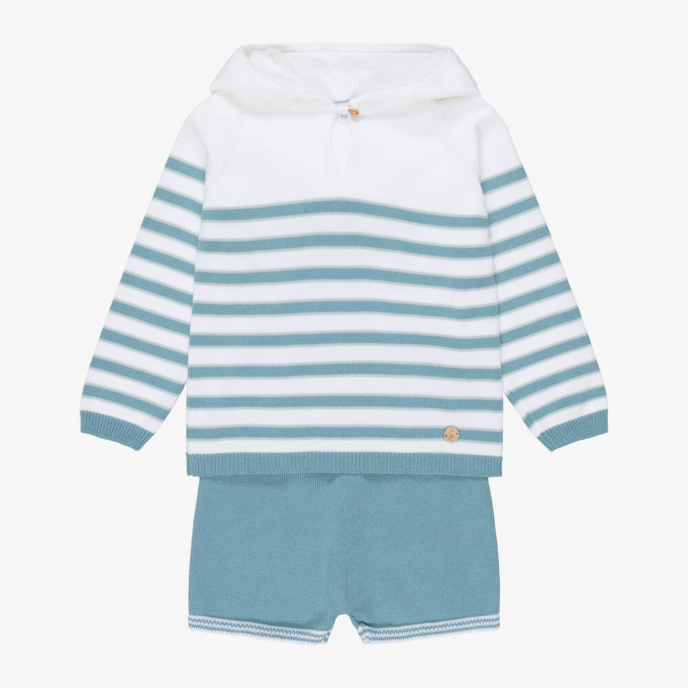 Artesanía Granlei-Boys Blue & Ivory Striped Knitted Shorts Set | Childrensalon