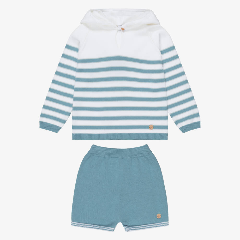 Artesanía Granlei-Boys Blue & Ivory Striped Knitted Shorts Set | Childrensalon