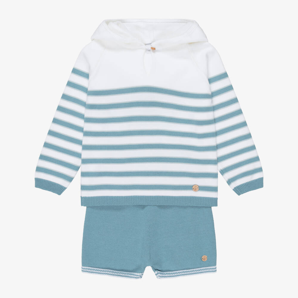 Artesanía Granlei-Boys Blue & Ivory Striped Knitted Shorts Set | Childrensalon