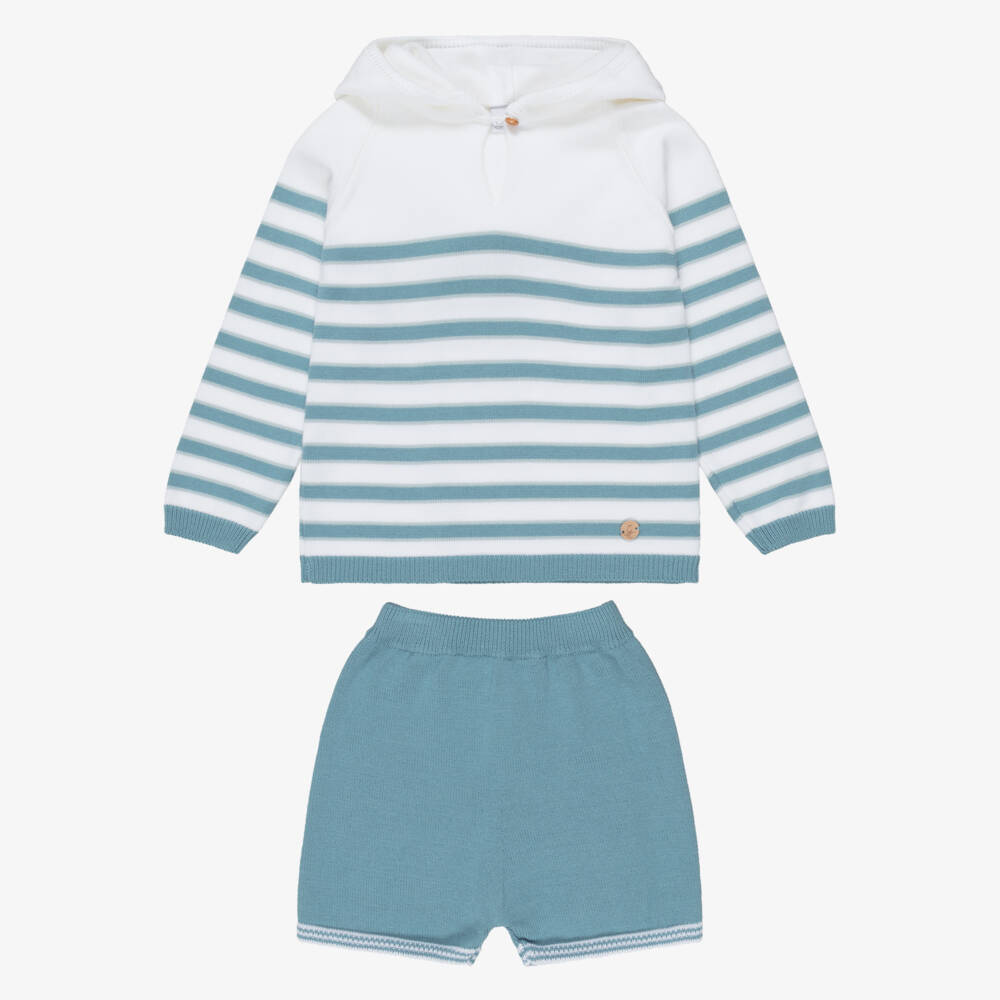 Artesanía Granlei-Boys Blue & Ivory Striped Knitted Shorts Set | Childrensalon